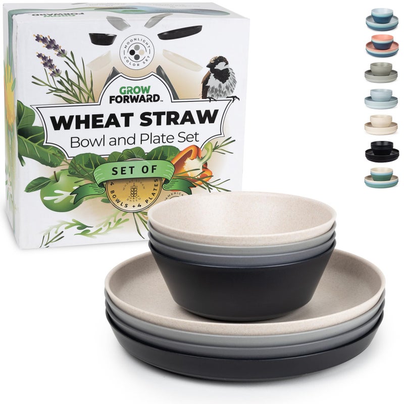 Grow Forward Premium Wheat Straw Plates and Bowls Sets - 8-Piece Wheat Straw Dinnerware Sets - Unbreakable & Reusable Microwave Safe Plastic Dinner Plates for Outdoors  RV  Camping Dishes - Moonlight - Image 1